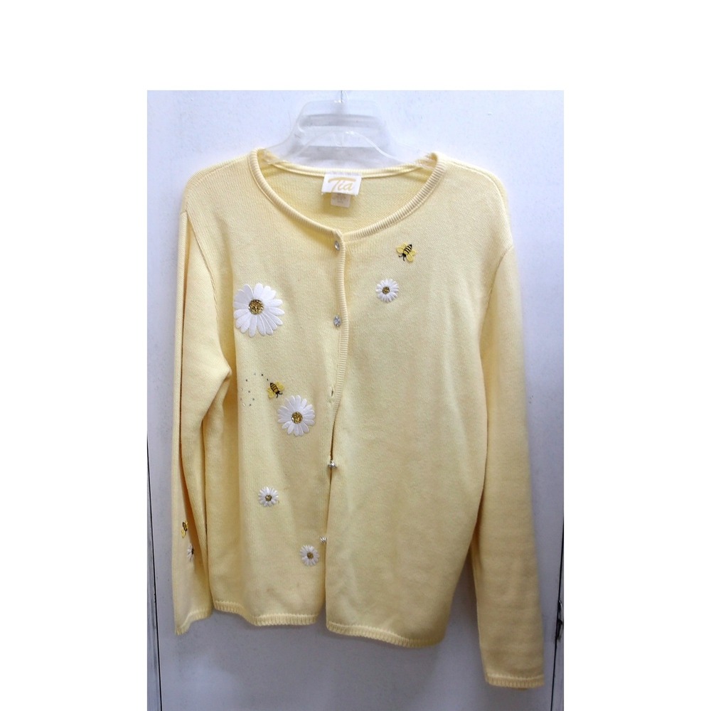 Tia Pastel Yellow Cardigan Daisy Bumblebee Embroidered RhinestoneButton L/#26877